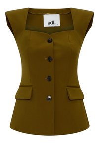 Olijfgroene mouwloze blouse met een getailleerde pasvorm, ronde halslijn, vijf zwarte knopen en twee kleine voorkruis pockets.