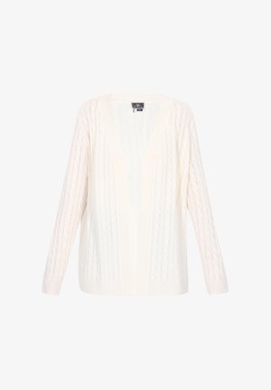 Cardigan alb tricotat cu un model de cablu, deschis în față, cu mâneci lungi, manșete și tiv striat, textură moale, fără butoane sau închideri vizibile.