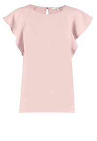 Blusa rosa pallido a maniche corte con colletto rotondo, maniche a farfalla e una piccola chiusura con bottone a chiave sul retro.