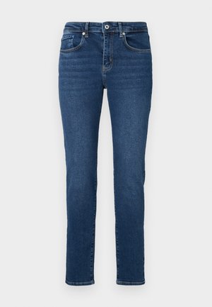 Jeans din denim albastru cu o croială slim, având talie medie, buzunare frontale și un design clasic cu cinci buzunare. Textură netedă și cusături subtile.