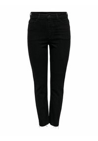 Jeans de mezclilla negra con corte recto. Presentan una cintura alta, cinco bolsillos y un dobladillo deshilachado. Fabricados con un resistente material de mezcla de algodón.