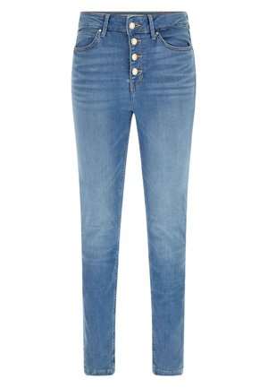 Lyseblå højtaljede jeans med fire sølvknapper og forlommer, med et smalt, lige ben.