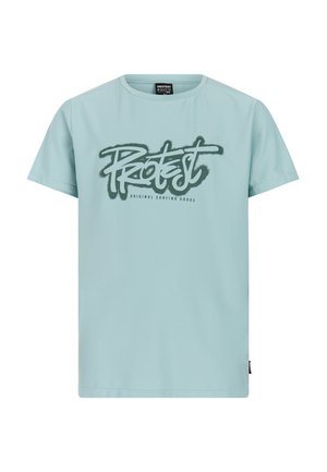 Light blue short-sleeve T-shirt with round neck, featuring dark green graffiti-style text "Protest" and smaller text "Original Surfing Goods" on front.