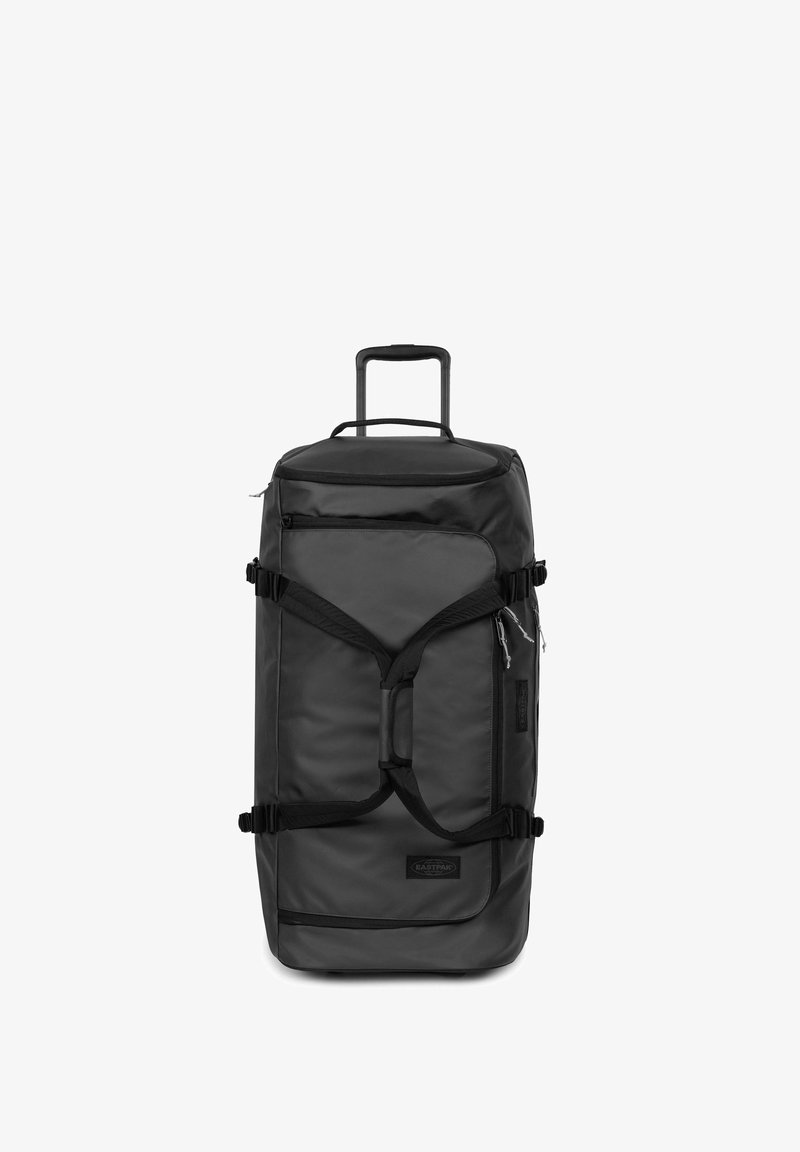 Borsa da viaggio nera con ruote, realizzata in nylon resistente; dotata di manico superiore, spallacci regolabili, scomparti con zip e un design rettangolare elegante.