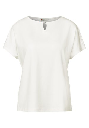 Weißes Baumwoll-T-Shirt mit kurzen Ärmeln, rundem Ausschnitt und einem kleinen Schlüsselloch-Detail an der Vorderseite. Glatte Textur, lässige Passform.