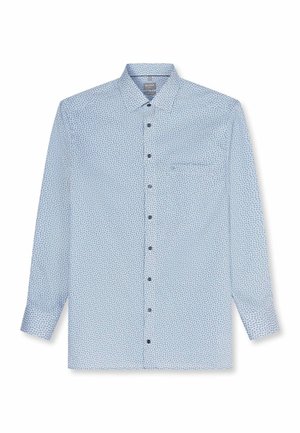 Hellblaues langärmeliges Hemd mit kleinem dunklem geometrischem Muster, spitzem Kragen, Brusttasche und schwarzen Knöpfen entlang der Mitte.