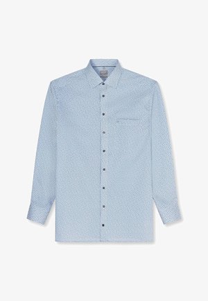 Hellblaues langärmeliges Hemd mit kleinem dunklem geometrischem Muster, spitzem Kragen, Brusttasche und schwarzen Knöpfen entlang der Mitte.