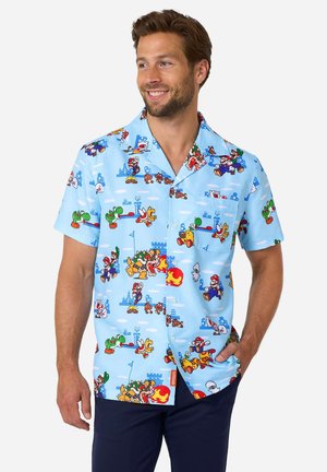 Short-sleeve button-up shirt in light blue, featuring vibrant cartoon character prints, a pocket, and a relaxed fit.