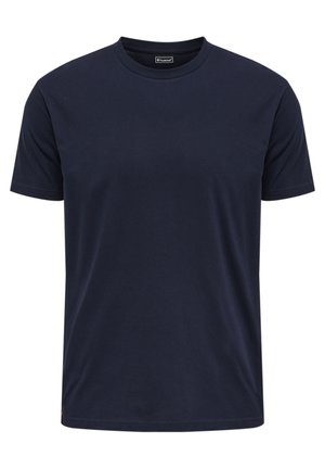 Navyblaue Baumwoll-T-Shirt mit kurzen Ärmeln und Rundhalsausschnitt. Verfügt über ein dezentes Logo-Label an der unteren linken Naht.
