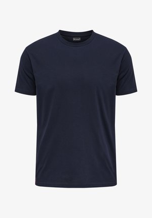 Navyblaue Baumwoll-T-Shirt mit kurzen Ärmeln und Rundhalsausschnitt. Verfügt über ein dezentes Logo-Label an der unteren linken Naht.