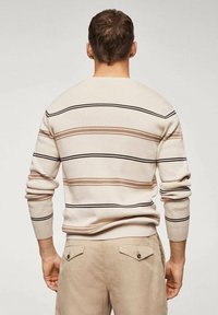 Maglione beige a righe con linee orizzontali marroni e nere, con polsini e orlo a costine, parte di un outfit beige, visto da dietro.