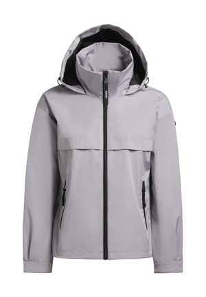 Giacca impermeabile grigia chiara con cappuccio, zip frontale, due tasche laterali e colletto alto, realizzata in materiale liscio e leggero.
