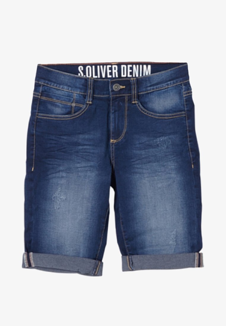 Shorts en jean bleu avec revers roulés, poches avant, fermeture à boutons et marquage "S. Oliver Denim" sur la ceinture.