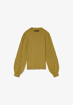 Pull en maille jaune moutarde avec un col rond et des manches bouffantes texturées, présentant un motif sur les manches.