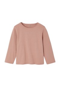 Helles rosa Langarm-T-Shirt mit Rundhalsausschnitt, aus weichem Baumwollmaterial gefertigt; zeichnet sich durch einen schlichten Schnitt und nahtloses Design aus.