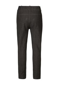 Mörka herringbone-mönstrade byxor med skräddarsydd passform. Har en slät front, bakfickor och en elegant finish. Tillverkade av texturerat tyg.