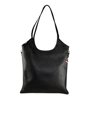 Schwarze Leder-Handtasche mit glatter Textur, gebogenem Oberteil und zwei langen Schulterriemen. Verfügt über ein kleines Akzent der italienischen Flagge an der Seite.