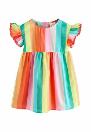 Robe pour tout-petit avec manches courtes à volants, ornée de rayures verticales arc-en-ciel dans des couleurs pastel vives.