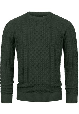 Dunkelgrüner Strickpullover mit Kabelmuster, rundem Ausschnitt und gerippten Bündchen sowie Saum für eine enge Passform.