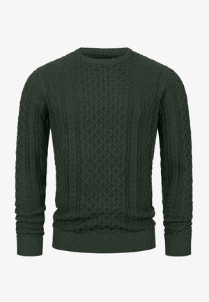 Pull en maille torsadée vert foncé avec un motif texturé, col rond et poignets et ourlet côtelés pour un ajustement confortable.