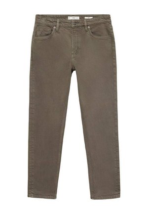 Pantalones vaqueros de corte slim en marrón para hombre, con bolsillos delanteros y traseros, cierre de botón y trabillas para cinturón.