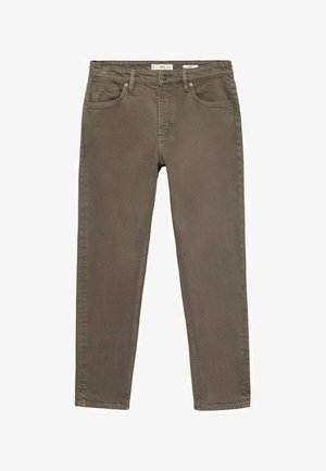 Herren Slim-Fit braune Jeans mit vorderen und hinteren Taschen, Knopfverschluss und Gürtelschlaufen.