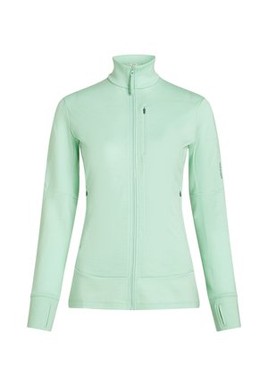 Lichtgroene lange mouwen jas met volledig ritssluiting aan de voorkant, ritszak op de borst, duimgaten bij de manchetten en hoge kraag.