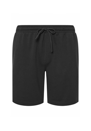 Czarne męskie krótkie spodenki casual z elastycznym pasem i sznurkiem, prosty krój i długość nad kolano, wykonane z teksturowanej tkaniny.