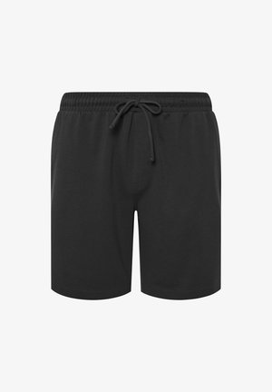 Sorte herre casual shorts med elastisk linning og snøre, lige snit og længde over knæet, lavet af tekstureret stof.
