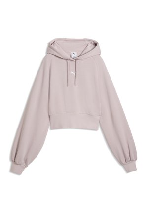 Lys mauve cropped hættetrøje med lange puffede ærmer, justerbar snørets hætte og lille hvid Puma-logo på brystet.