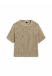 Beige neulepaita lyhyillä hihoilla, jossa on ribbikuvio ja pyöreä pääntie. Paita on rentoa mitoitusta ja suora helma.