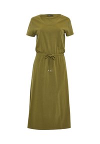 Robe courte olive à manches courtes avec un col en V, taille à cordon, et longueur midi fluide. Tissu doux, design décontracté, sans motifs ni accents.