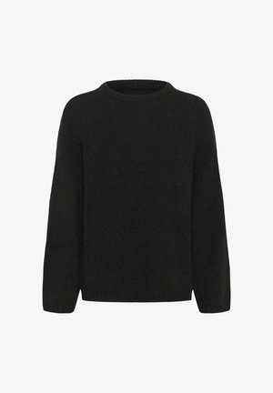 Fekete, hosszú ujjú, kerek nyakú kötött pulóver, laza szabással, bordázott mandzsettákkal és aljjal.