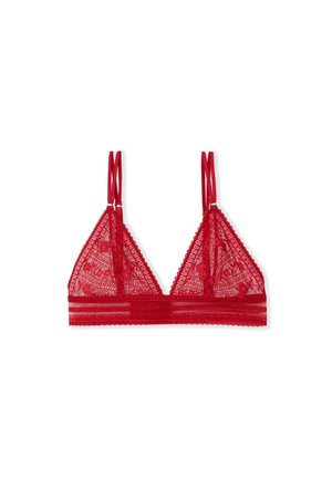 Bralette in pizzo rosso con coppe triangolari, spalline regolabili e dettagli in pizzo decorativo. Tessuto morbido e trasparente con un fascione aderente.