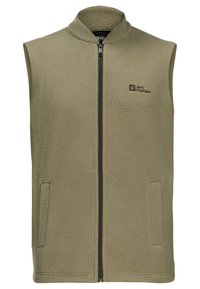 Olivenfarbener Fleece-Westen mit hohem Kragen, vollem Frontreißverschluss und zwei Seitentaschen. Verfügt über einen strukturierten Stoff und ein Markenlogo auf der Brust.