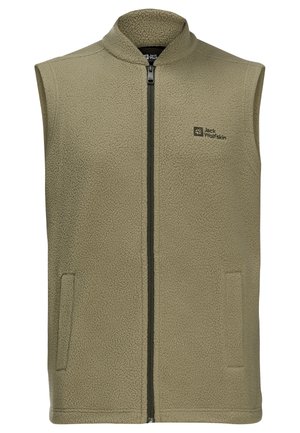 Olijfgroen fleece vest met hoge kraag, volledige voorkant rits en twee zijzakken. Heeft een gestructureerde stof en een gelabeld logo op de borst.
