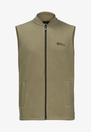Olijfgroen fleece vest met hoge kraag, volledige voorkant rits en twee zijzakken. Heeft een gestructureerde stof en een gelabeld logo op de borst.