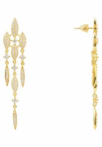 Orecchini a cerchio in oro con accenti allungati a forma di marquise, decorati con cristalli trasparenti e scintillanti in un design a cascata.