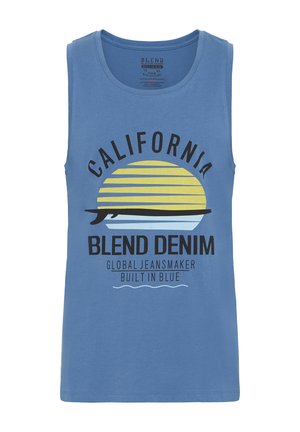 Blue sleeveless tank top featuring a graphic of a yellow sun with horizontal stripes, black text reading "CALIFORNIA" and "BLEND DENIM."