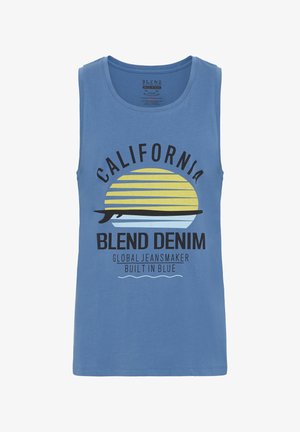 Blue sleeveless tank top featuring a graphic of a yellow sun with horizontal stripes, black text reading "CALIFORNIA" and "BLEND DENIM."