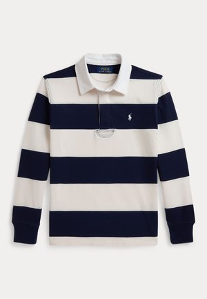Chemise de rugby à manches longues avec des rayures horizontales bleu marine et blanches, col blanc, et petit logo Polo Ralph Lauren sur la poitrine gauche.