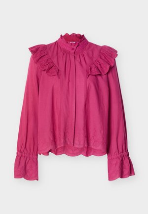 Blusa rosa de manga larga con cuello y puños con volantes, dobladillo festoneado bordado, confeccionada en tela ligera. Cierre frontal con botones.