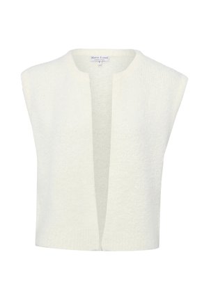 Weißes ärmelloses Strickweste mit offener Vorderseite, strukturiertem Muster und kleinem rundem Ausschnitt.
