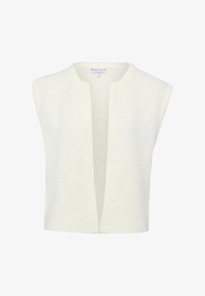 Veste en tricot blanche sans manches à ouverture avant avec un motif texturé et un petit col rond.