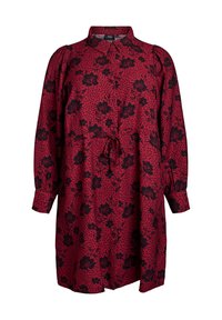 Red dress with black floral and polka dot pattern, long sleeves, collar, and drawstring waist. Soft fabric, casual loose fit design.