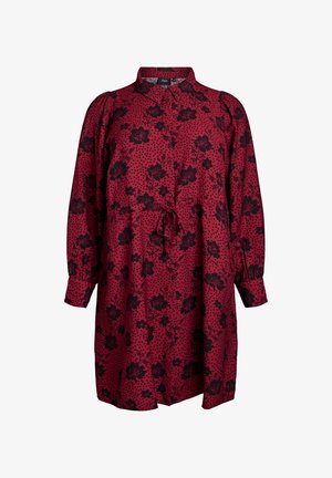 Rotes Kleid mit schwarzem Blumen- und Pünktchenmuster, langen Ärmeln, Kragen und Kordelzug in der Taille. Weicher Stoff, lässiger, lockerer Schnitt.
