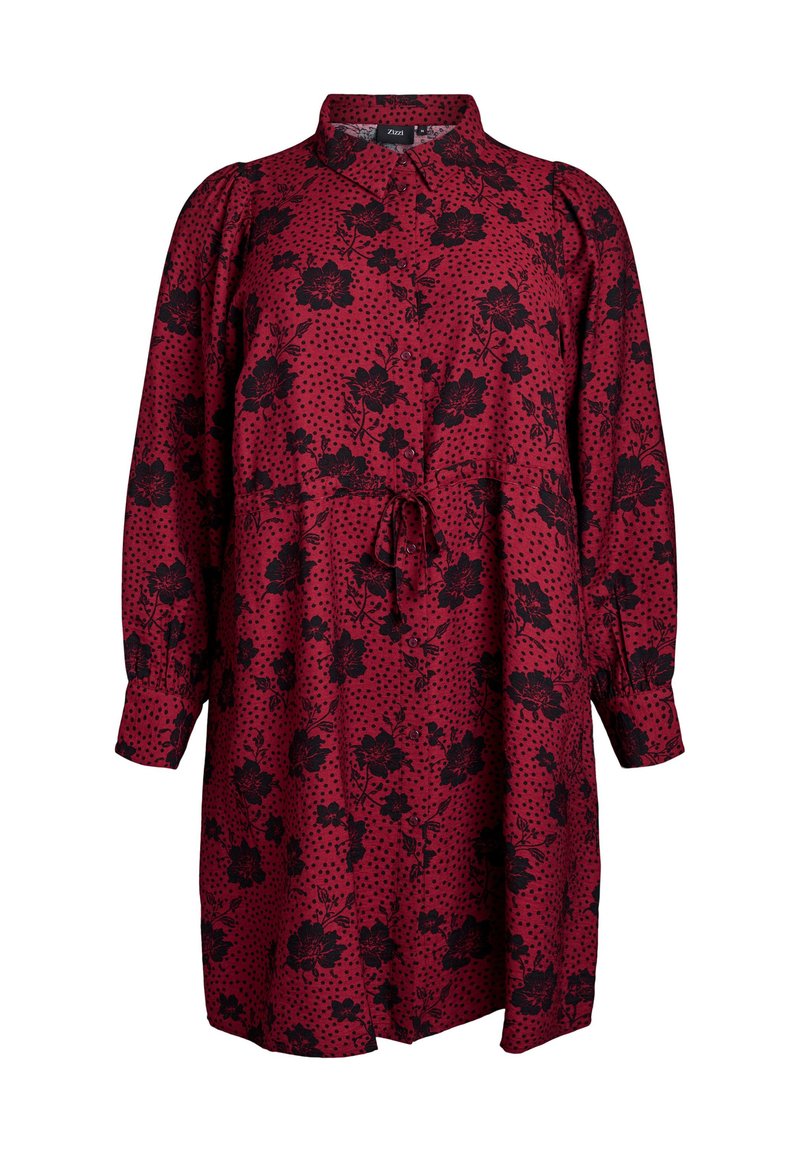 Red dress with black floral and polka dot pattern, long sleeves, collar, and drawstring waist. Soft fabric, casual loose fit design.