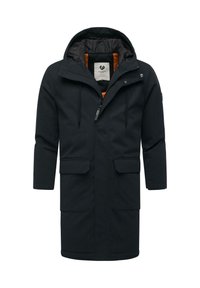 Black long coat with a zip front, adjustable hood, two front pockets, and orange lining. Made of textured fabric. Features minimal hardware.