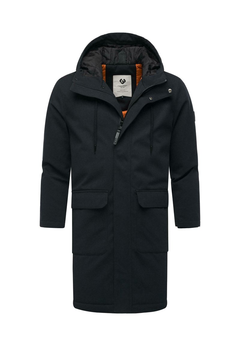 Black long coat with a zip front, adjustable hood, two front pockets, and orange lining. Made of textured fabric. Features minimal hardware.