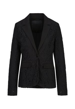 Schwarzer Spitzenblazer mit einem Knopf, Reverskragen und zwei aufgesetzten Fronttaschen, dargestellt auf weißem Hintergrund.